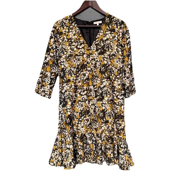 Ann Mashburn Size Small  Yellow Brown Floral Vneck Dress Ruffled Lined - Picture 10 of 10